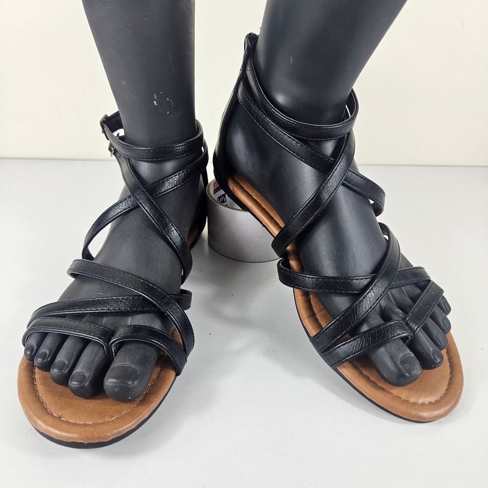 Luffymomo Gladiator Womens 8 Adrian Thong Sandals Black Strappy Rear Zip Flats